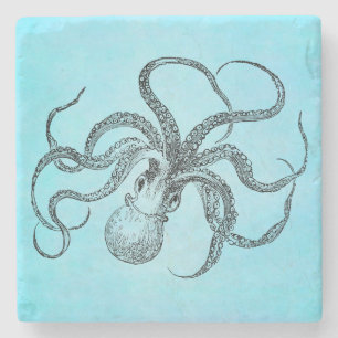 Porta-copo De Pedra Azul da aguarela da cerceta do polvo dos 1800s do