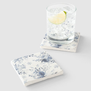 Porta-copo De Pedra Azul Floral Branco