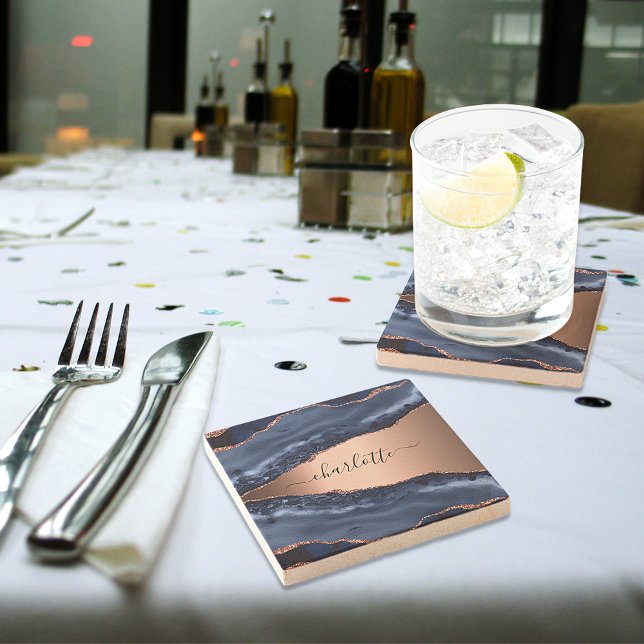 Porta-copo De Pedra Azul mármore de ágata rosa nome script dourado (Criador carregado)