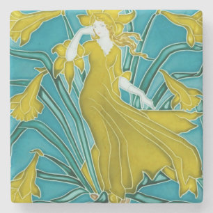 Porta-copo De Pedra Azulejo Art Nouveau Narciso Amarelo de Walter Cran