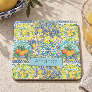 Porta-copo De Pedra Azulejo Azul Turquesa Siciliano Floral Tile