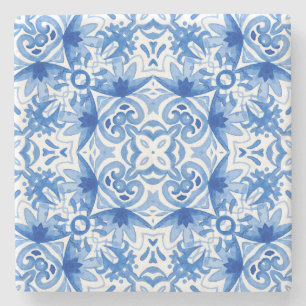 Porta-copo De Pedra Azulejo branco azul, padrão uniforme de aquarela.