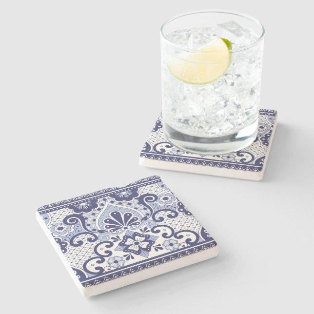 Porta-copo De Pedra Azulejo de Arte Folclórica Mexicana Azul e Branco (Lateral)