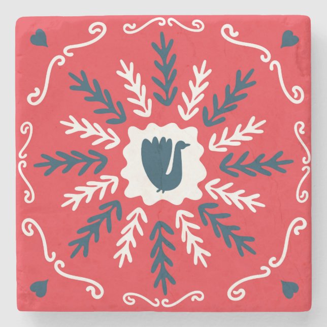 Porta-copo De Pedra Azulejo de Natal Folk Doodle Art (Frente)