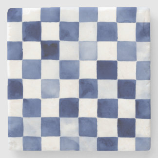 Porta-copo De Pedra Azulejo Decorativo Xadrez Aquarela Azul