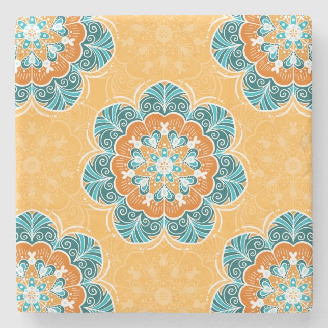 Porta-copo De Pedra Azulejo Floral Mandala em Laranja e Teal (Frente)