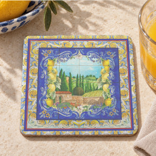 Porta-copo De Pedra Azulejo Italiano de Verão em Azul Maiolica com Cit