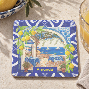 Porta-copo De Pedra Azulejos azuis de citrinos da majólica mediterrâne