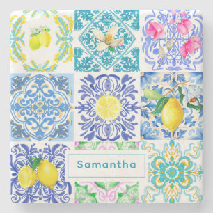 Porta-copo De Pedra Azulejos do Mediterrâneo Chic Sicilian azulejo Ama