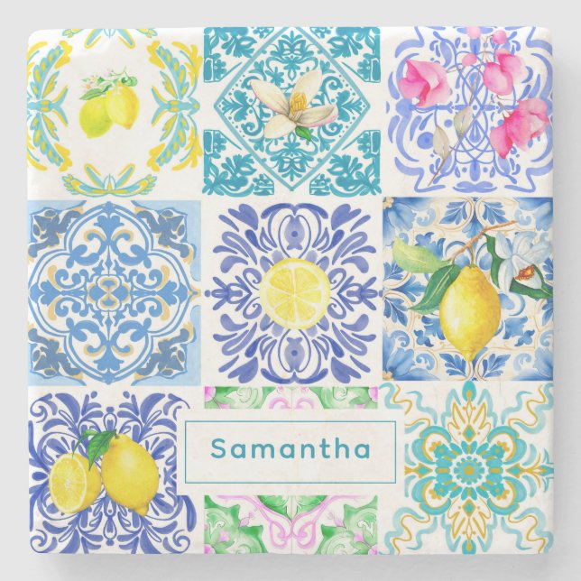 Porta-copo De Pedra Azulejos do Mediterrâneo Chic Sicilian azulejo Ama (Frente)