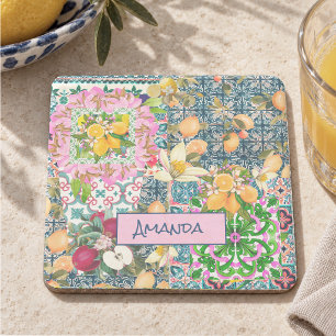 Porta-copo De Pedra Azulejos florais cítricos sicilianos azuis e rosa