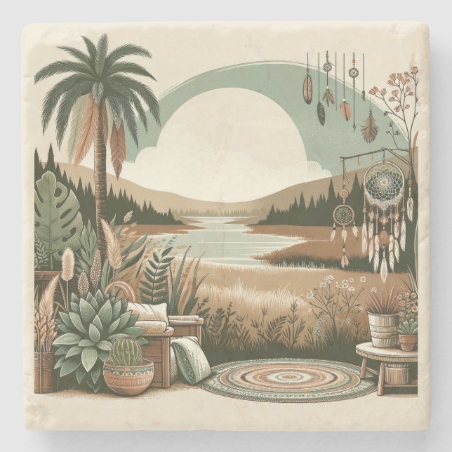Porta-copo De Pedra Balcão de Pedra Luxuoso Boho Neutro Pôr do Sol no  (Frente)