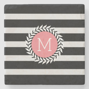 Porta-copo De Pedra Bandas brancas e pretas, monogramas