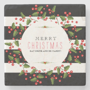 Porta-copo De Pedra Bandas Pretas e Brancas com Fina de Natal