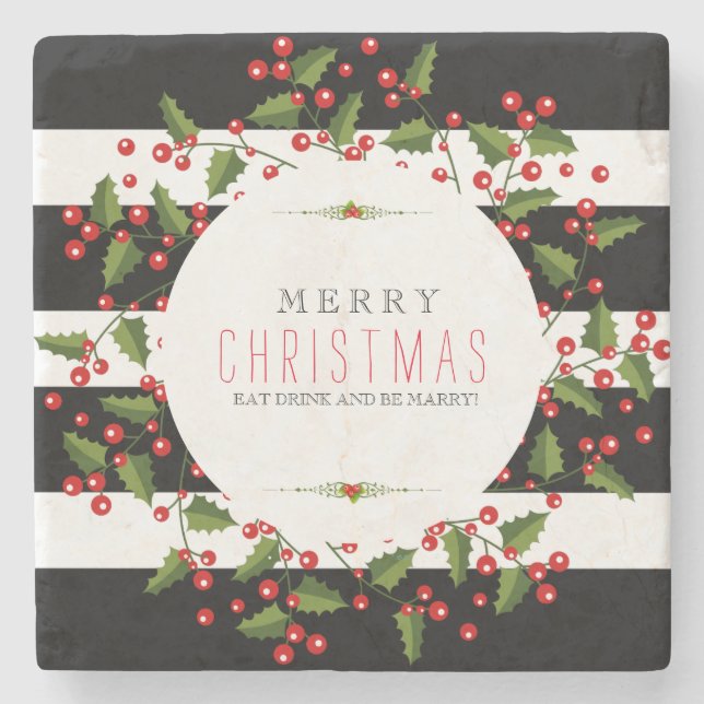 Porta-copo De Pedra Bandas Pretas e Brancas com Fina de Natal (Frente)