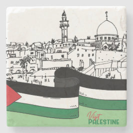 Porta-copo De Pedra Bandeira da Palestina e casas antigas feitas à mão