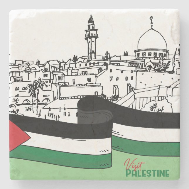 Porta-copo De Pedra Bandeira da Palestina e casas antigas feitas à mão (Frente)