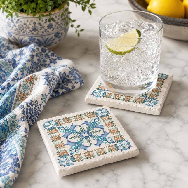 Porta-copo De Pedra Bandejas de Pedra Natural Design de Azulejo Amalfi (Decorative stone coasters Amalfi style design in blue)