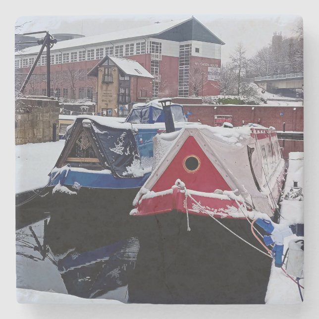 Porta-copo De Pedra Barco azul e vermelho (Frente)