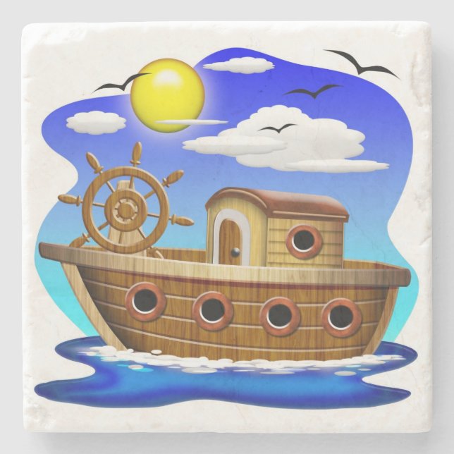 Porta-copo De Pedra Barco de Pesca Cartoon  (Frente)