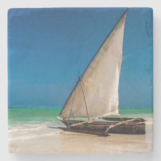 Porta-copo De Pedra Barcos de pesca tradicionais na praia (Frente)