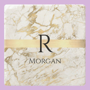 Porta-copo De Pedra Barra Dourada Mármore Branco e Dourado, Monograma