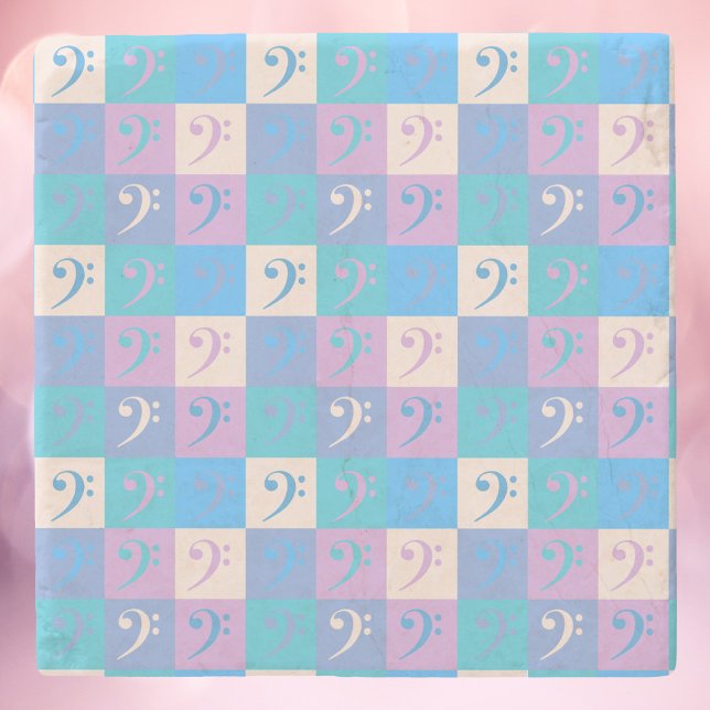 Porta-copo De Pedra Bass Clef Music Pattern Pastel (A coaster with a pattern of bass clefs done in yellow, blue, pink and purple.)