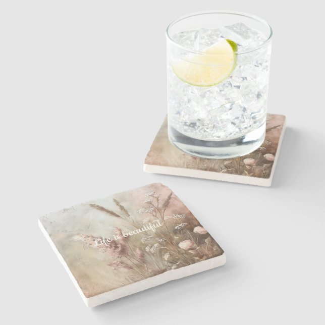 Porta-copo De Pedra Bastante Chic Bege Rosa Boho Floral (Lateral)