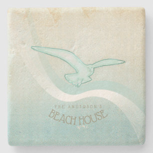 Porta-copo De Pedra Beach House Seagull Aqua Blue ID623