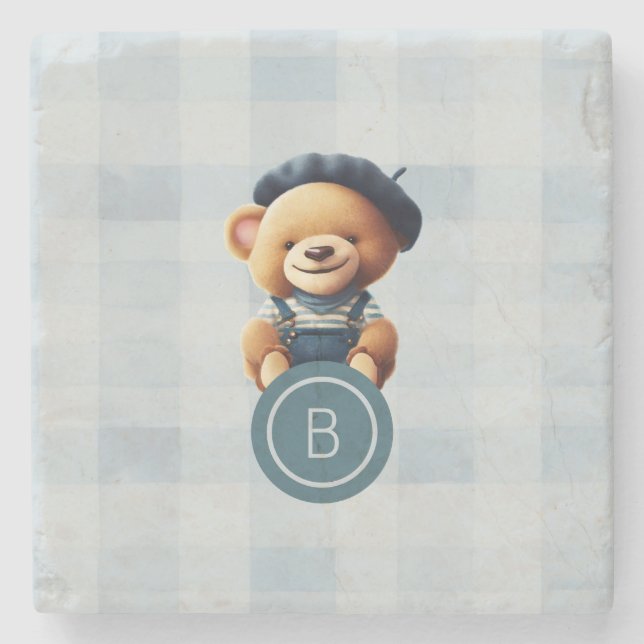 Porta-copo De Pedra Bear Monograma Blue Gingham (Frente)