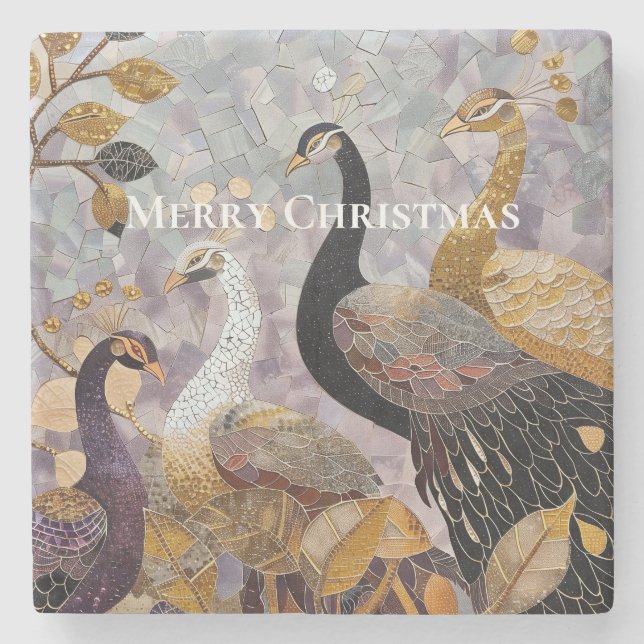 Porta-copo De Pedra Beautiful Gold White Peacocks Christmas (Frente)