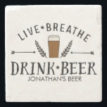 Porta-copo De Pedra Beer Love Hipster Live Respire A Bebida Personaliz<br><div class="desc">Se você ama cerveja, esta porta copos de mármore de qualidade é para você! Ele apresenta um design de estilo de logotipo com o texto "Respire ao Vivo Beer Bebida" e uma ilustração desenhada manualmente de um copo de cerveja e setas centradas entre saltos. Adicione o seu próprio nome ou...</div>