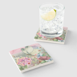 Porta-copo De Pedra Beijos de borboletas coloridas entre flores silves