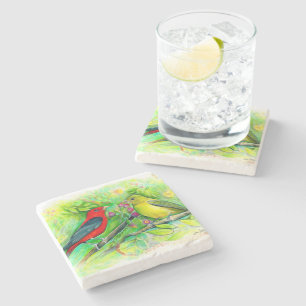 Porta-copo De Pedra Bela Arte Casal Scarlet Tanager