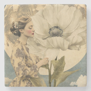 Porta-copo De Pedra Bela Lua - Mulher com Flor Branca e Lua