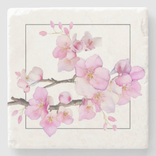 Porta-copo De Pedra Belas flores de cerejeira em aquarela rosa