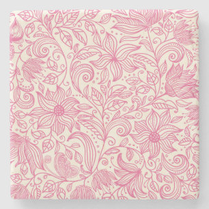 Porta-copo De Pedra Belo Desenho Floral De Mão Rosa Desenhado