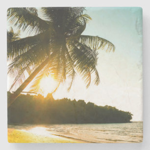 Porta-copo De Pedra Belo pôr do sol em praia tropical com palmeiras