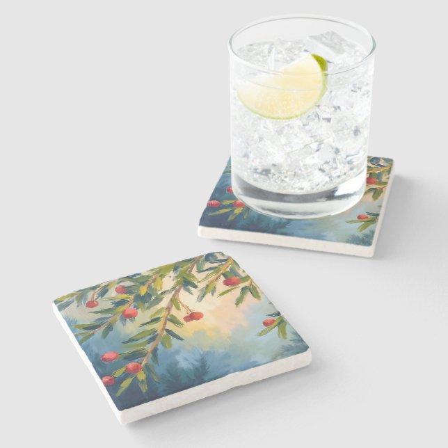 Porta-copo De Pedra Berries & Greenery | Merry Christmas (Lateral)