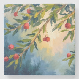 Porta-copo De Pedra Berries & Greenery | Merry Christmas