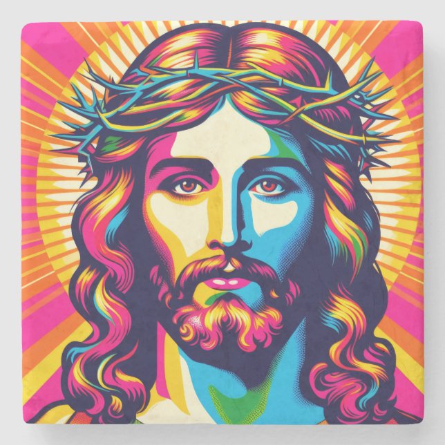Porta-copo De Pedra Bibelhas coloridos de Jesus. (Frente)