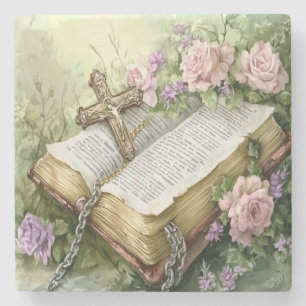 Porta-copo De Pedra Bíblia Floral E Cruzamento De Aquarelas