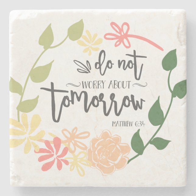 Porta-copo De Pedra Bíblia Verse Christian Floral Wreath Não se preocu (Frente)
