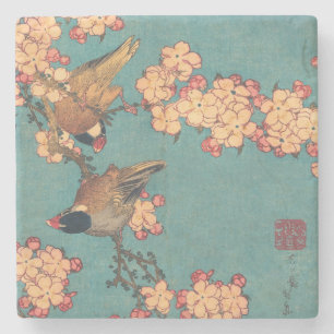 Porta-copo De Pedra Birds Flowers Hokusai Art Japonês