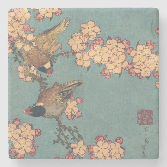 Porta-copo De Pedra Birds Flowers Hokusai Art Japonês (Frente)