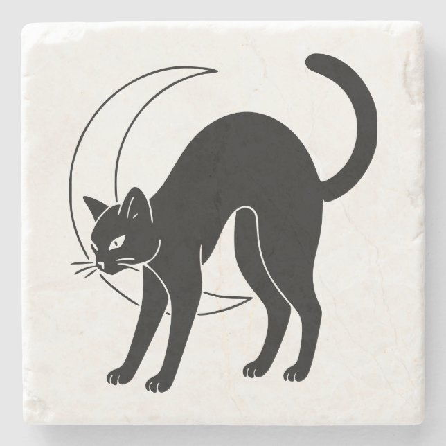 Porta-copo De Pedra Black Cat and Crescent Moon Line Art (Frente)