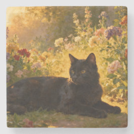 Porta-copo De Pedra Black Cat in the Flowers I