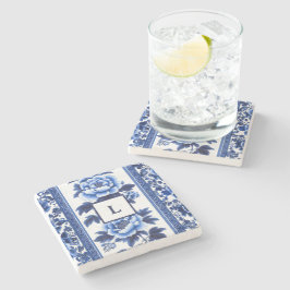 Porta-copo De Pedra Blue Chinoiserie Monogram