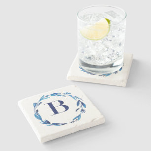 Porta-copo De Pedra Blue Floral Wreath 'B'