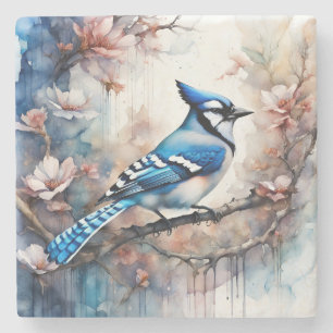 Porta-copo De Pedra Blue Jay Cherry Blossoms aquarela